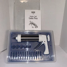 Kuhn Rikon Stainless  Steel  Cookie Press 14 Cookie Disks 6 Icing Tips With Case