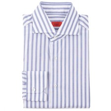 Isaia Blue-Gray-White Stripe Lightweight Cotton Dress Shirt 15.5 Eu 39 NWT