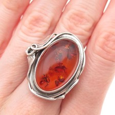 925 Sterling Silver Vintage WM Poland Real Amber Floral Oxidized Ring Size 7.25