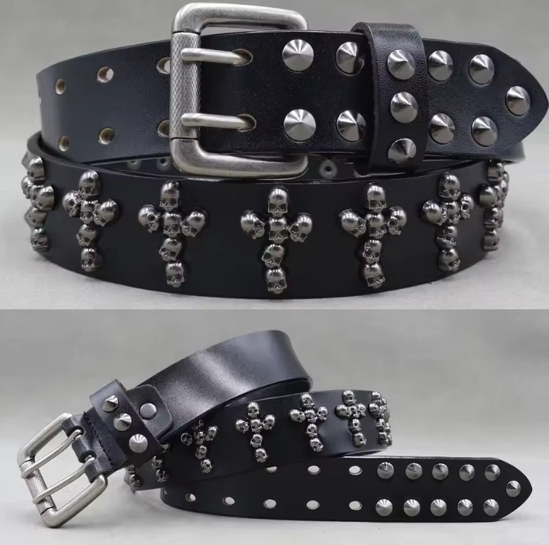 Cinturón Punk Goth Cruz Calavera Tachonado Cuero Negro Motociclista Rock 115cm Ajustable Foto 2 de 4