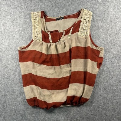 Main Strip Striped Sleeveless Blouse No Size Rust Tan Crochet Lace Shoulder