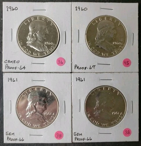 Two 1960 and Two 1961 Proof 50c Franklin Silver Half Dollars