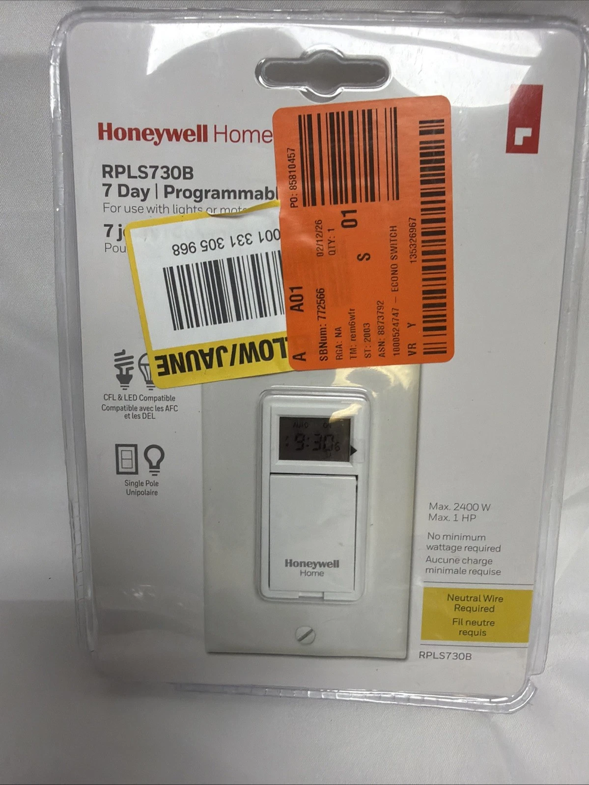 Honeywell Home RPLS730B Econo Switch 7-Day Programable Neutral Wire Required