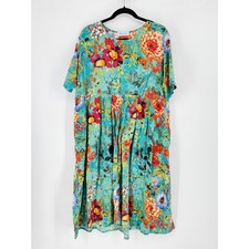 Boho Oversized Floral Cotton Dress Hemp Blend Teal Fairy Midi Lagenlook Resort