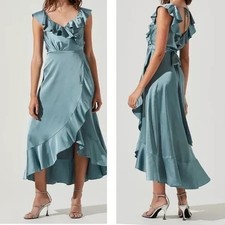 NWT ASTR THE LABEL WILSHIRE RUFFLE OPEN BACK MIDI DRESS SILVER SAGE Small Silky
