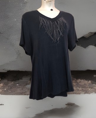 CJ Banks Lightweight Tunic T-Shirt Size 3X Navy Blue Stud Embellished V-Neck Tee