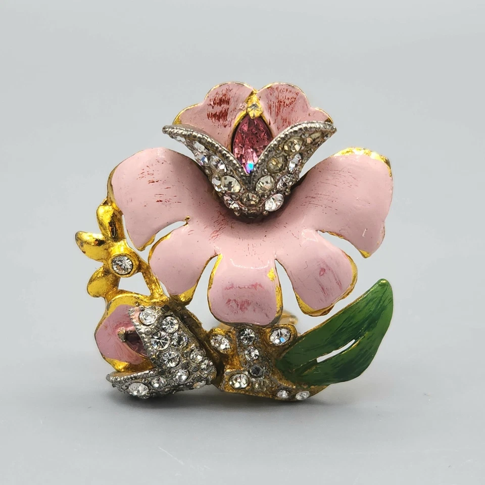 Raro 1930 Coro Adolph Katz Rosa Verde Esmalte Cristal Camelia Flor Vestido Clip Foto 3 de 4