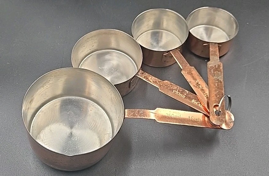 Copper Measuring Cup Set 1/4 1/3 1/2 1 Cup Stainless Steel Inside Vintage 