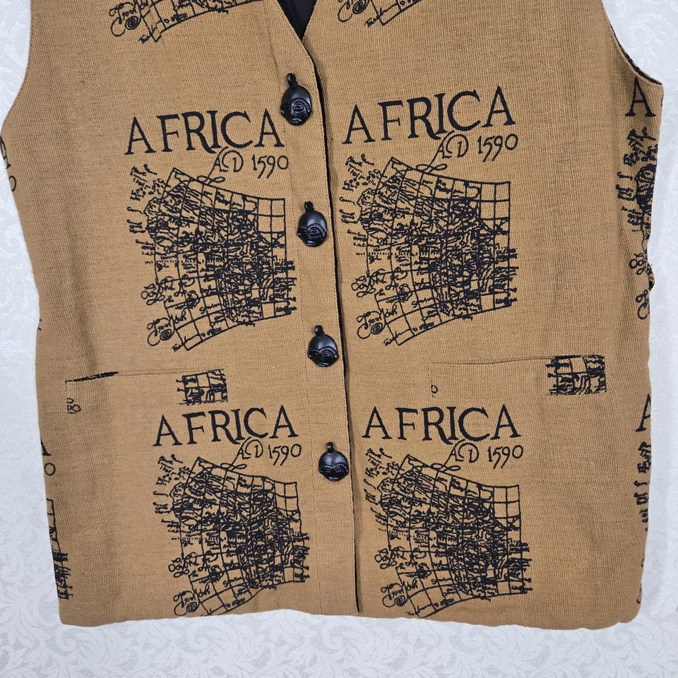 Chaleco de Colección Ashro África Estampado de Mapa Talla M Marrón Negro 100% Algodón Cinturón Ajustable Trasero Foto 3 de 4