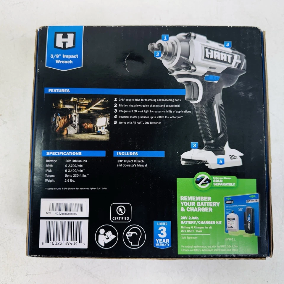 Llave de Impacto HART 20 Voltios Inalámbrica 3/8 Pulgadas (Batería Y CARGADOR No Incluidos) Foto 2 de 3