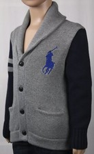 POLO Ralph Lauren Kids Grey Navy Blue Big Pony Cardigan Shawl Collar Sweater NWT