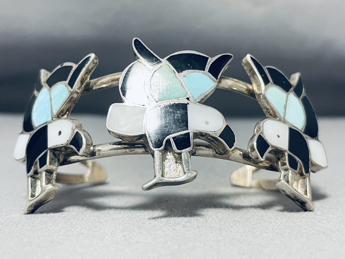 Triple Eagle Vintage Native American Zuni Turquoise Inlay Sterling Silver Bracelet Triple Eagle Vintage Native American Zuni Turquoise Inlay Sterling Silver Bracelet