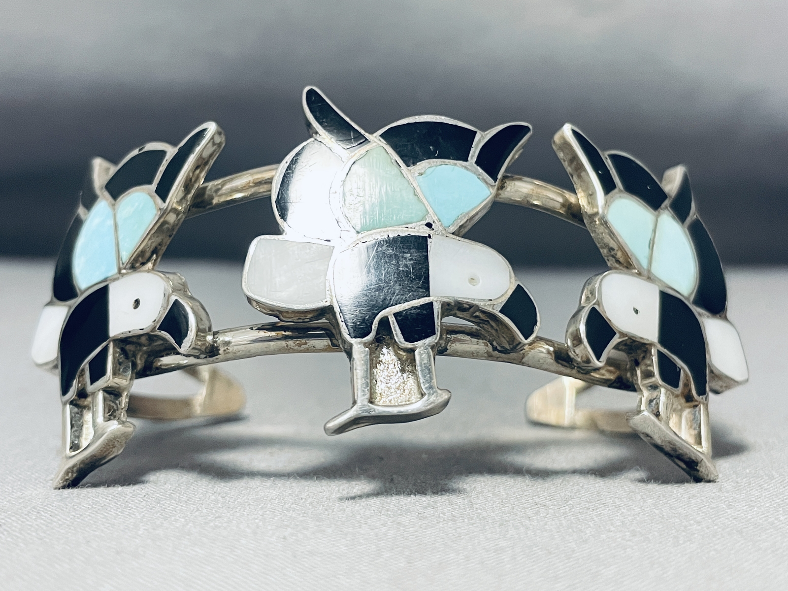 Turquoise Inlay Eagle TRIPLE EAGLE VINTAGE ZUNI TURQUOISE INLAY STERLING SI… - Gem