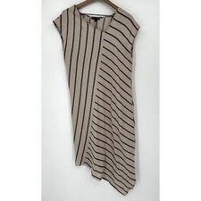 For Cynthia Linen Dress Women Medium Tan Stripped Asymmetrical Sleeveless NWOT