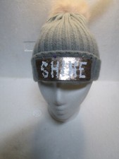 Justice Gray Pink Pom Knitted Cap Hat with Beaded SHINE ONE SIZE