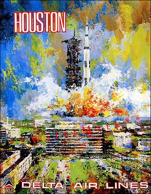 Houston Texas 1970 Vintage Poster Delta Airline Travel Print FREE US Post