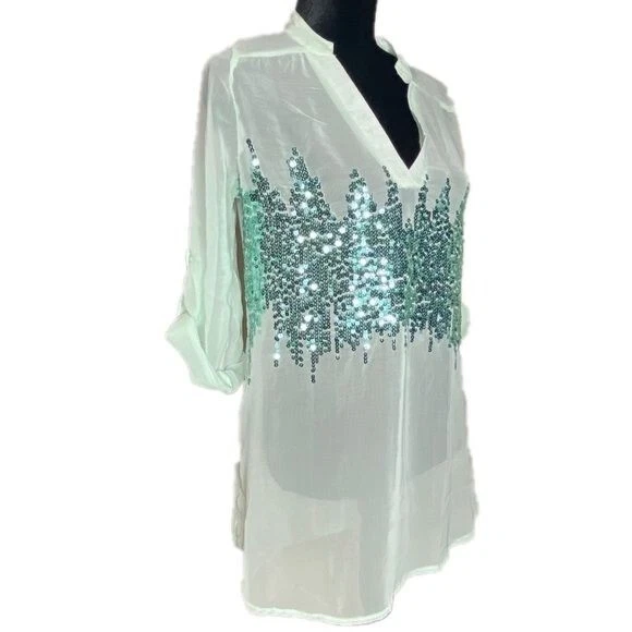 Top Rue 21 Mujer Medio Verde Invierno Verde Semi Transparente Lentejuelas Cuello en V Manga 3/4 Foto 2 de 4