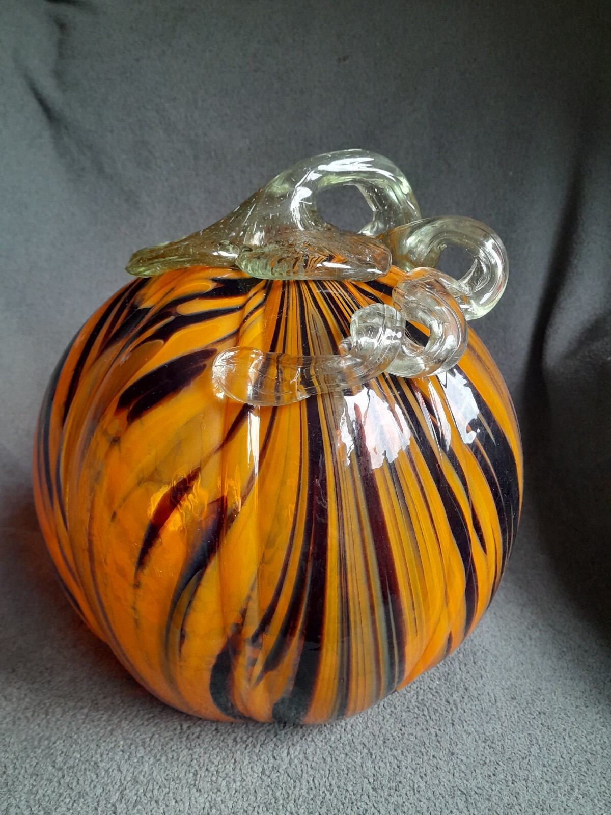 Gorgeous Large Hand Blown Art Glass Tiger Striped Pumpkin Halloween Fall 11x10