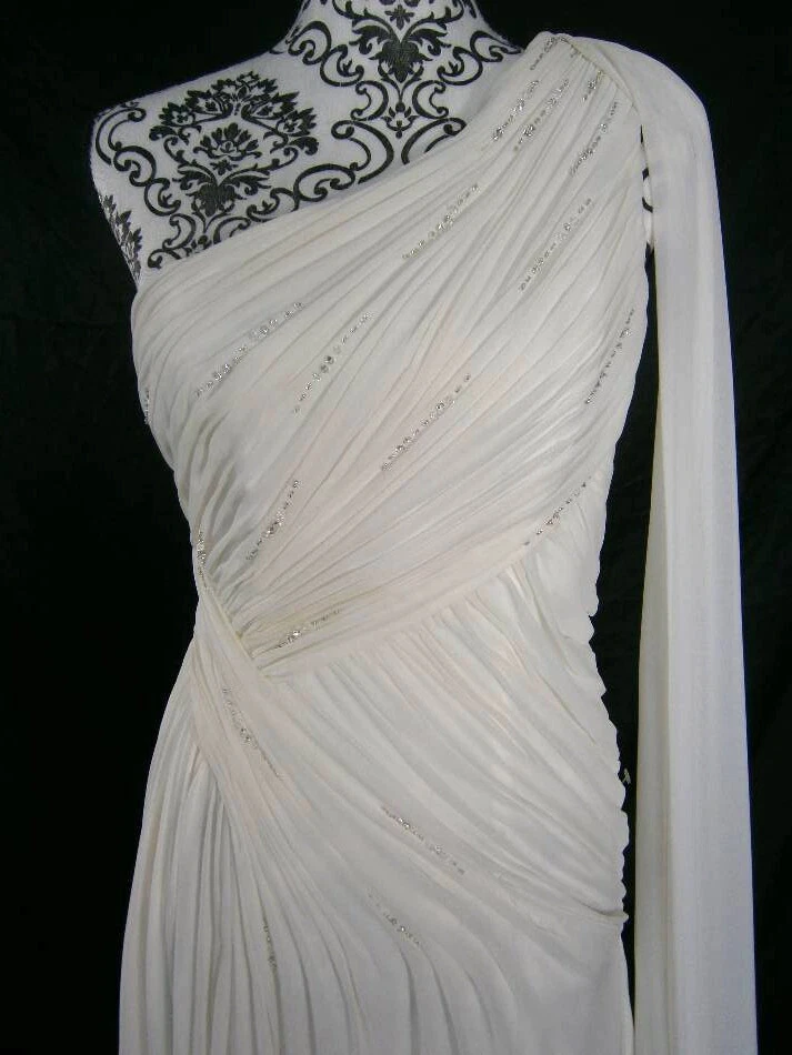 Vestido de novia Eden etiqueta plateada nupcial un hombro marfil 6 diosa griega Foto 3 de 4