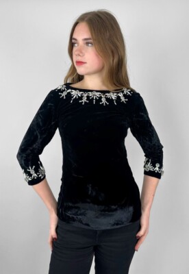 60's Vintage Ladies Sorelle Fontana Black Velvet Embellished 3/4 Sleeve Top