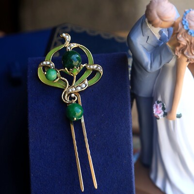 Superbe Peigne à Cheveux Style Art Nouveau Avec Motifs Floraux, émail Vert Et Perle De Jade – Idéal Pour Chignons Et Coiffures élégantes