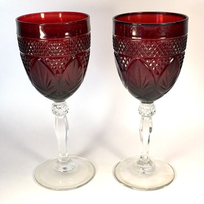 Two Vintage Cristal D'arques -JG Durand Ruby Red Wine Water Glass Goblets 8''L