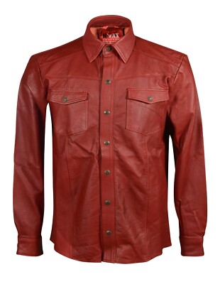 Men's Genuine Lamb Leather Shirt Motorbike Motorcycle Style Fashion Full Sleeve