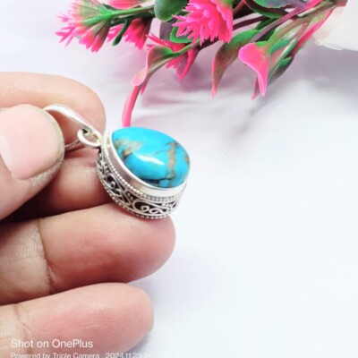 Coper Turquoise Gemstone Handmade Pendant.925 Sterling Silver Wedding Gifpendant