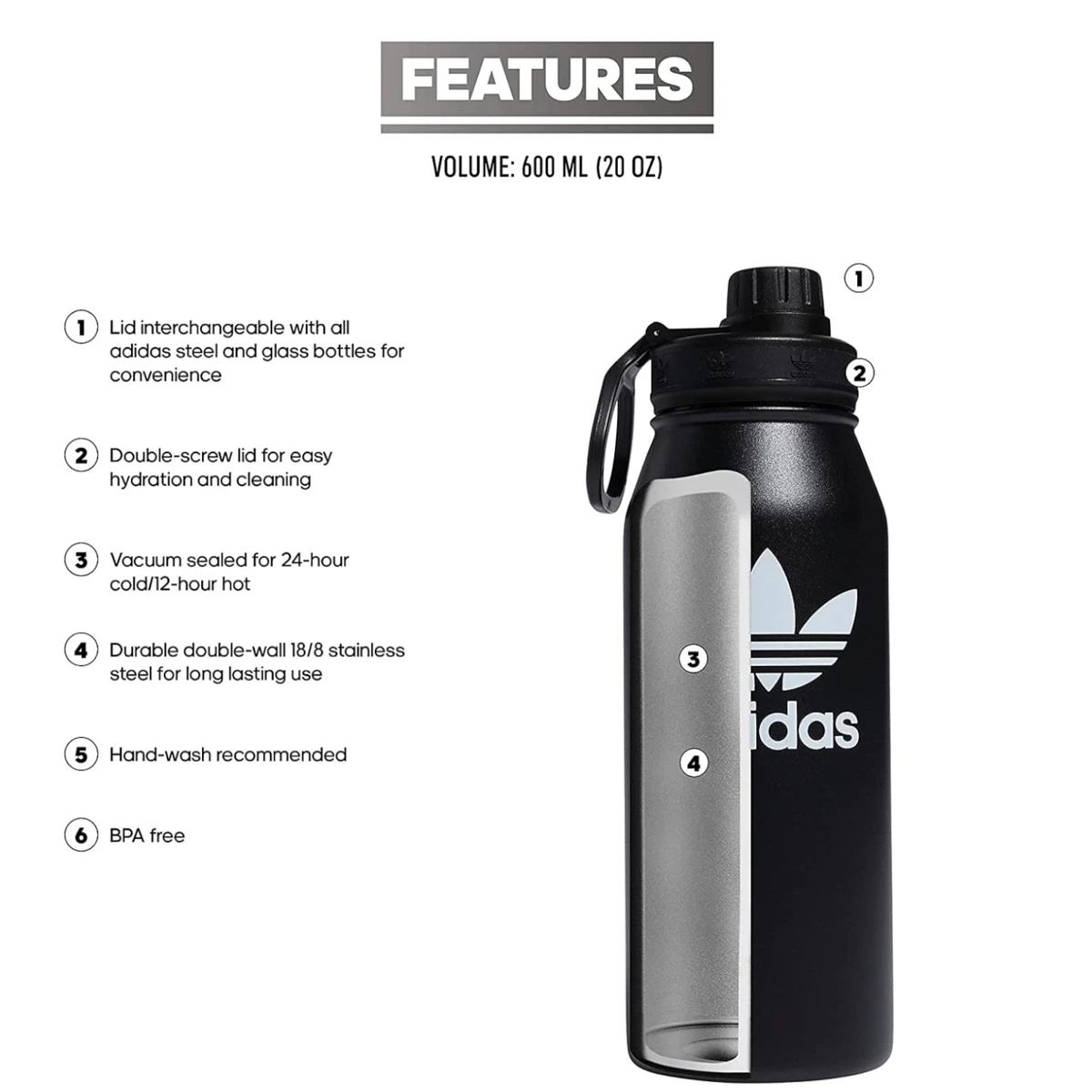 adidas Originals 1 Liter (32 oz) Metal Water Bottle, Hot/Cold Double-Walled