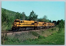 Yellow Locomotives, Train on Tracks, Freight, Green Field, Postcard