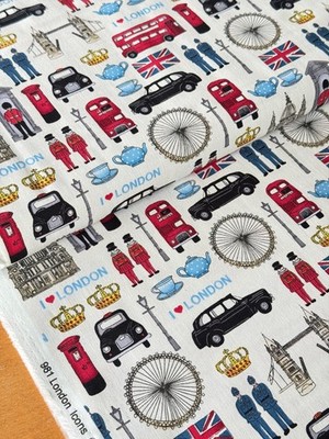 Makower Stoff LONDON ICONS Patchworkstoff Baumwollstoff Taxi Bus Eye Teatime