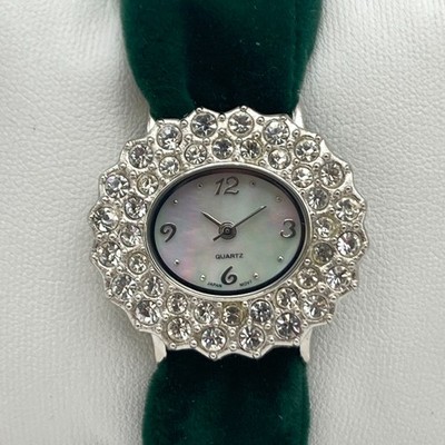 Modern Women's Watch 31mm Silver Tone Crystals MOP Dial Velvet Band New Battery