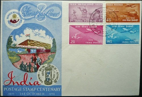 POSTAGE STAMP CENTENARY INDIA 1 OCT 1954 FIRST DAY COVER FDC W/ NEW DELHI CDS