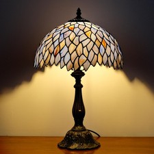Tiffany Style Table Lamp Vintage Stained Glass Desk Lamp Deep Blue Purple Wis...