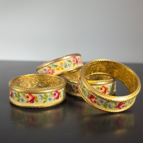 Vintage Petit Point Floral Napkin Rings Set of 4 Gold Tone Engraved Metal Rose