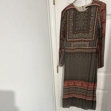 Zara Trafaluc Geometric Long Sleeve Midi Shift Dress Gray Red Beige Black S