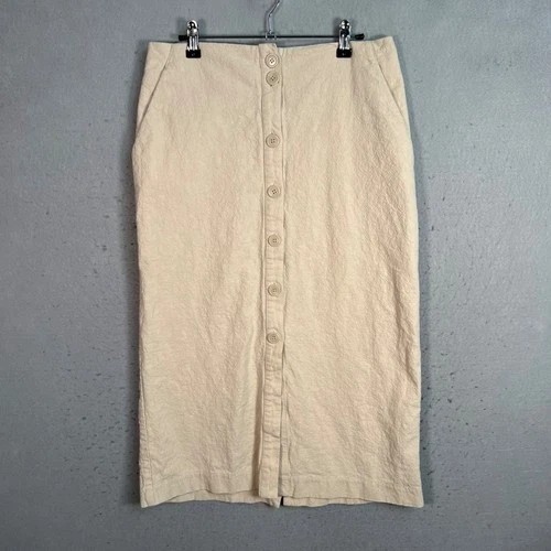 H&M Beige Button-Front Midi Skirt Size 10 Linen Blend