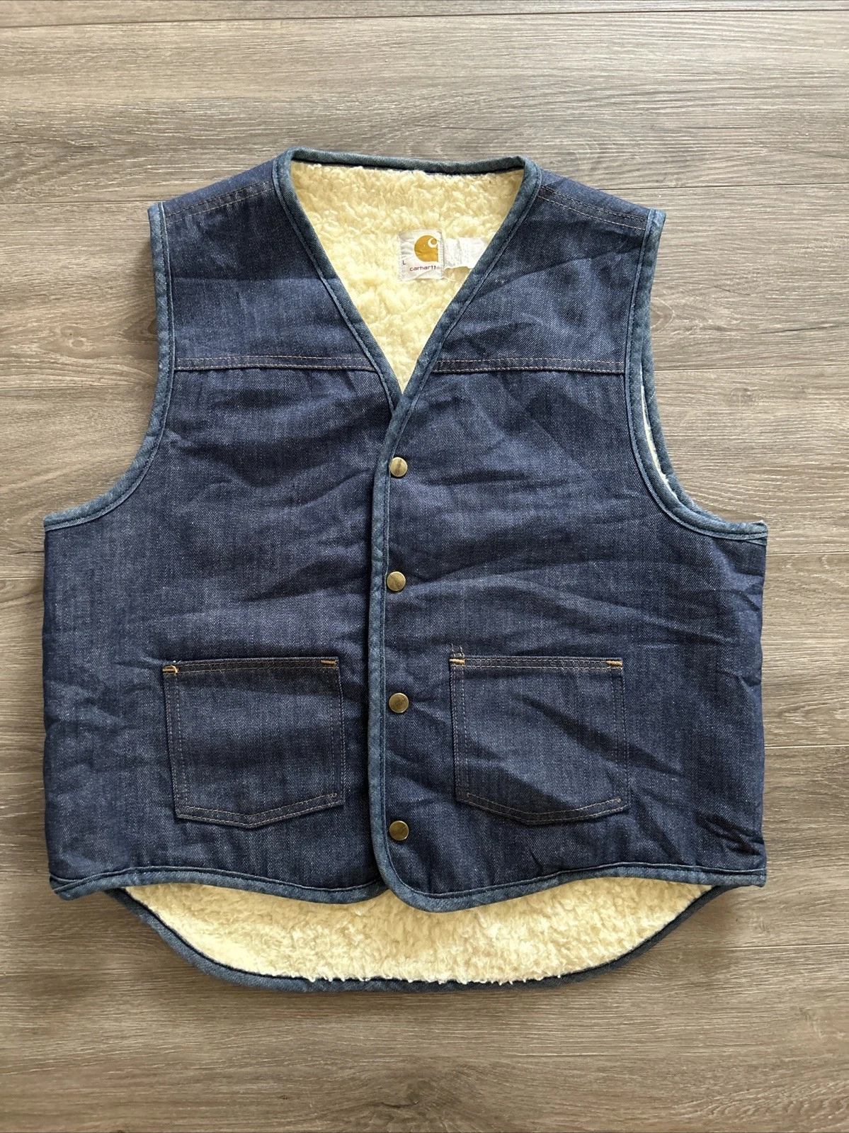 VTG 70s 80s Carhartt Men’s Large 8SV Dark Blue Denim Vest Sherpa Lined Snap USA