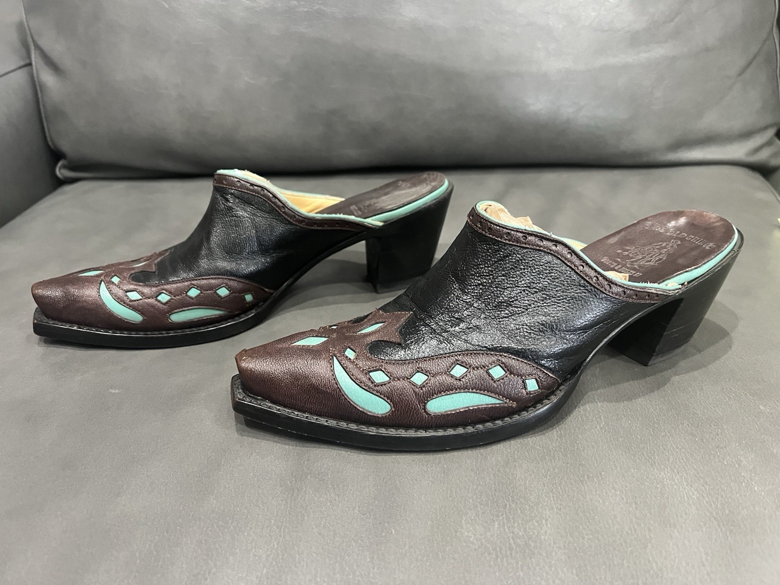 Old Gringo Western Tooled Leather Mule Block Heel Brown Black Turquoise 7 Women
