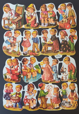 Glanzbilder Oblaten geprägt Spielende Kinder ganzer Bogen Nr. 98/12 ? Krüger