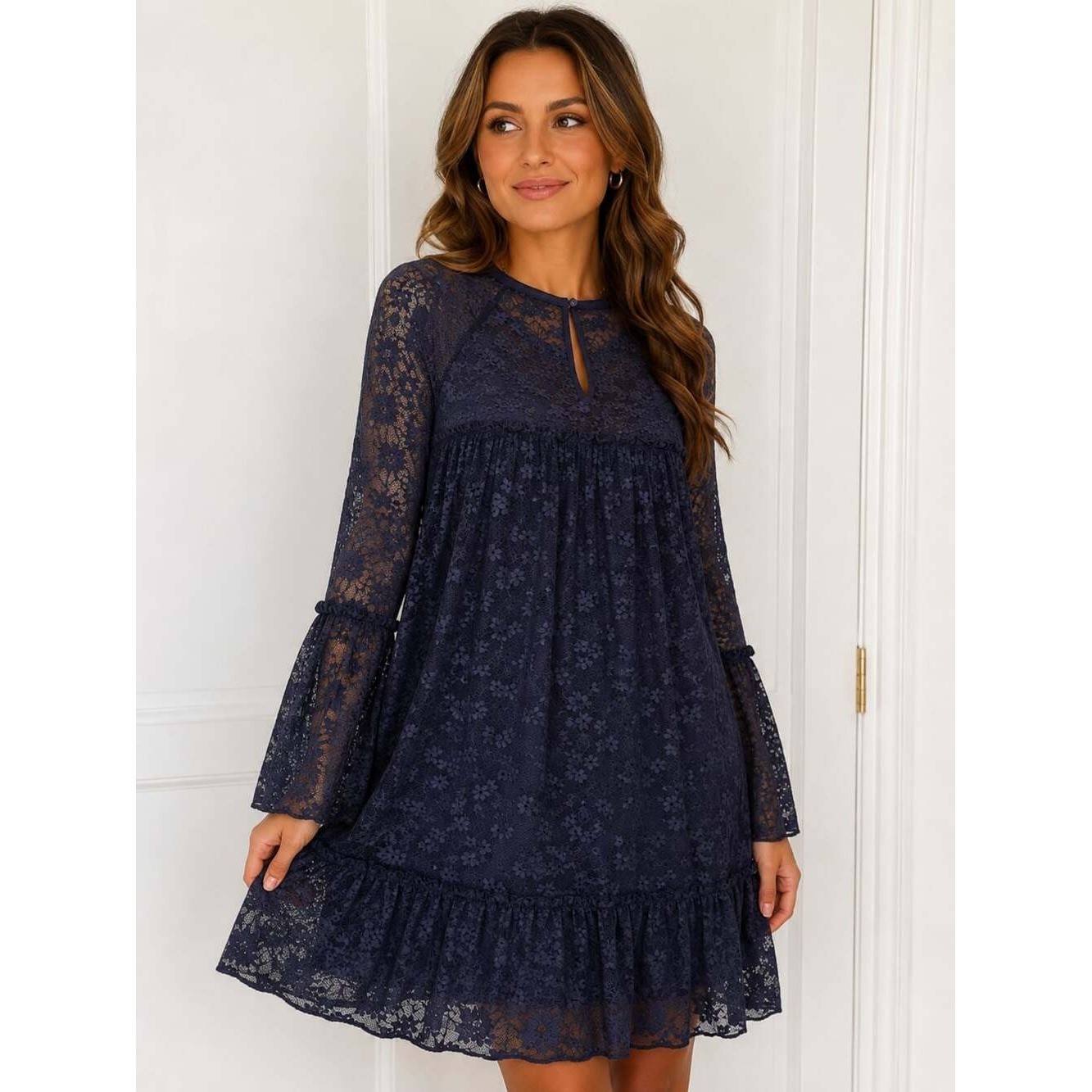 Michael Kors Navy Floral Lace Bell Sleeve Dress | Size Small