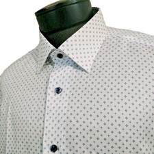David Donahue Dress Shirt Mens 17- 34/35 White Blue Geometric Royal Blue Button