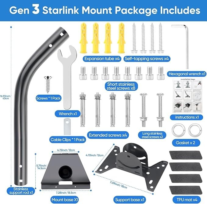 Starlink Gen 3Heavy Duty Mounting Kit 180 Adjustable Pole Mount for Internet Kit