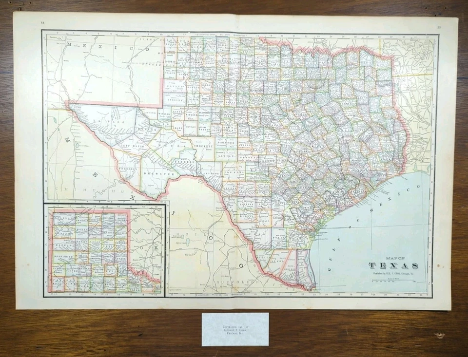 Mapa de Texas 1911 de colección 22"x15" antiguo original GALVESTON HOUSTON AUSTIN TX Foto 2 de 4