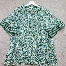 Max Studio Blouse Top Womens 1X Green Floral Elbow Sleeve Ruffle Tie Split Neck