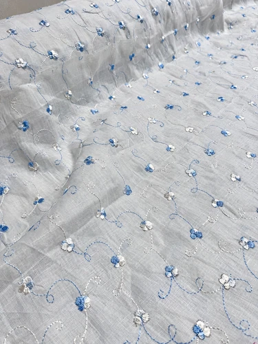 Linen Fabric Off White Blue Floral Embroidered Lightweight 55" Wide BTY - product listing photo
