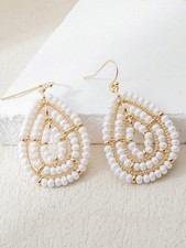 White Beaded Teardrop Dangle Earrings Boho Style One Size