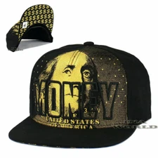 MONEY Hat Cap Benjamin Franklin $100 MONEY Snapback Flat Bill Baseball Cap-Black