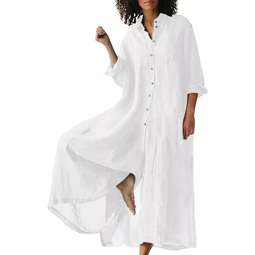 Elegante mono de mujer de lino con botones manga larga pierna ancha pantalones palazzo de playa - Imagen 12 de 52