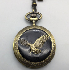 Benrus Eagle Pocket Watch 45mm Gold Tone Black Enamel Chain Date New Battery a
